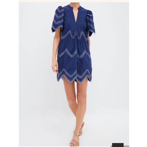 Hyacinth House‎ Weston Embroidered Mini Dress Navy Blue White Trim Cotton L NEW - Picture 1 of 12